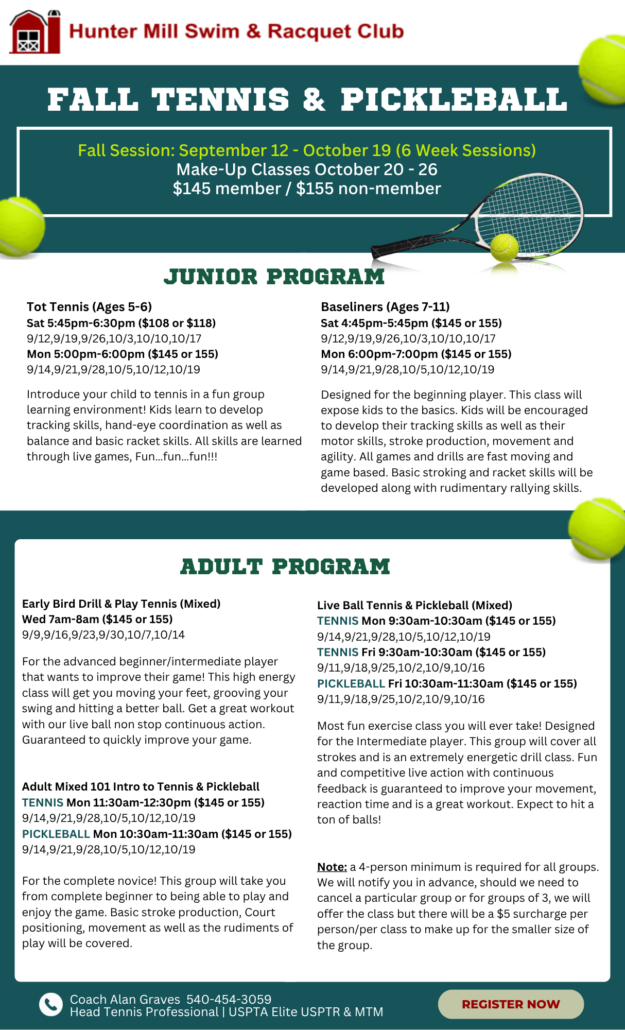 HMSRC Fall 2026 Schedule fall tennis group class adults juniors pickleball