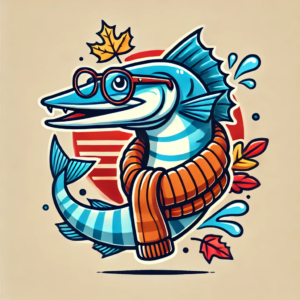 DALL·E 2024-08-27 09.31.29 - A logo-style cartoon barracuda dressed for Fall weather, featuring a vibrant blue fish. The barracuda is designed in a simple, clean, and bold graphic